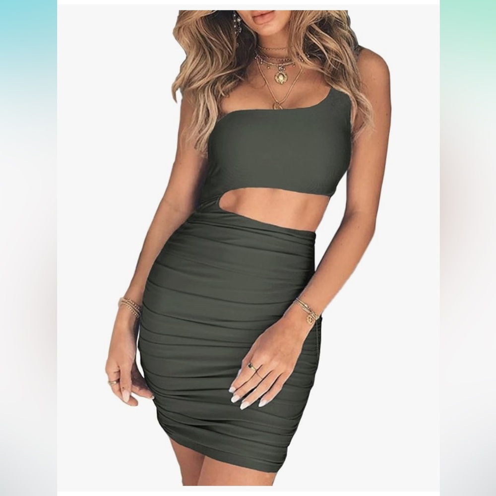 Olive Green One Shoulder Sleeveless Cutout Ruched Bodycon Mini Club Dress - XL 💚